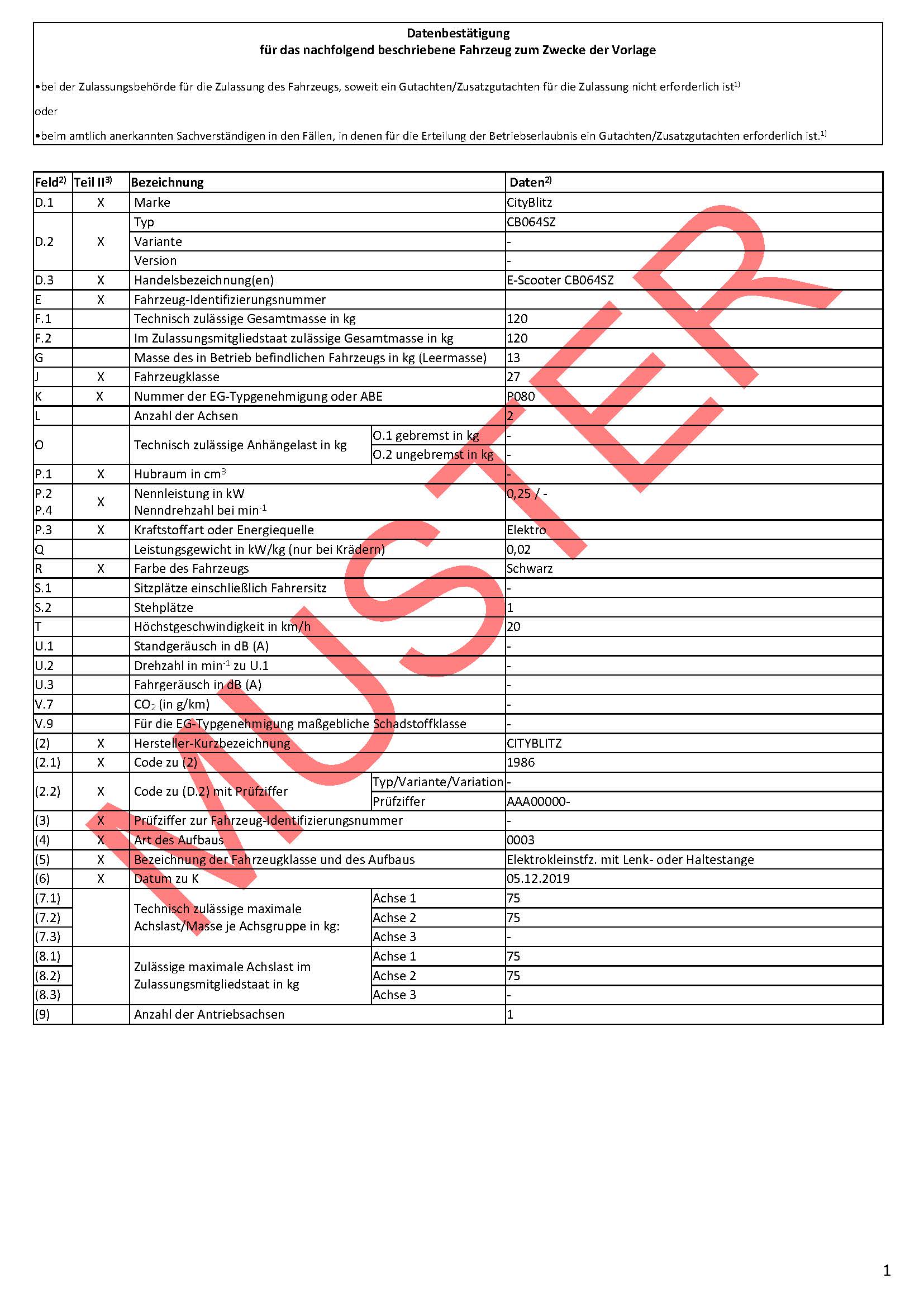 CITYBLITZ Datenbestätigung CB081SZ (Original)